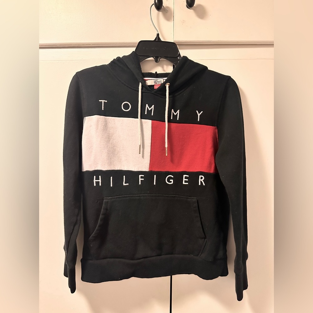 Tommy Hilfiger Black, White, and Red Hoodie Size Small